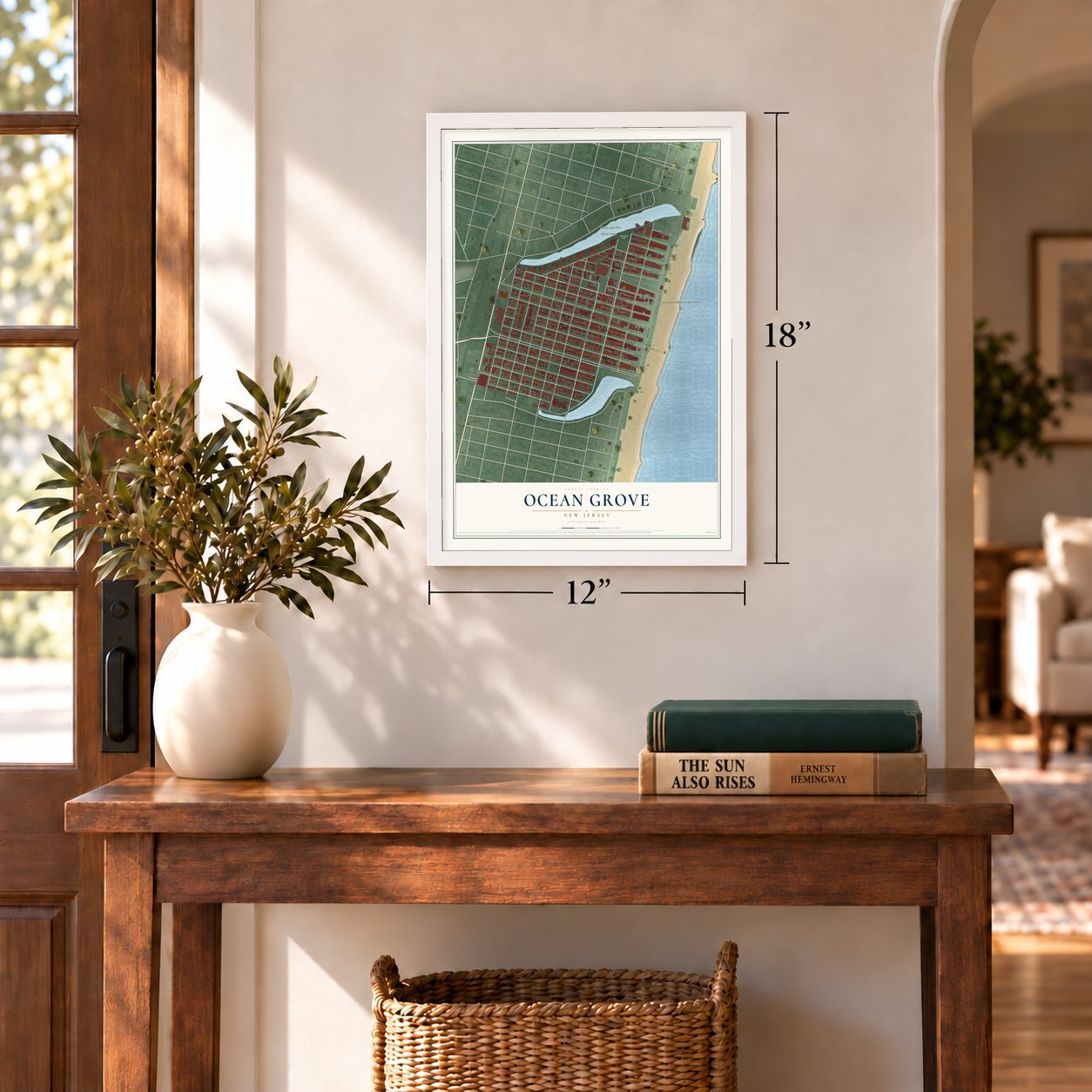 Ocean Grove, New Jersey map, 12 x 18 inch print in a white frame in an entryway