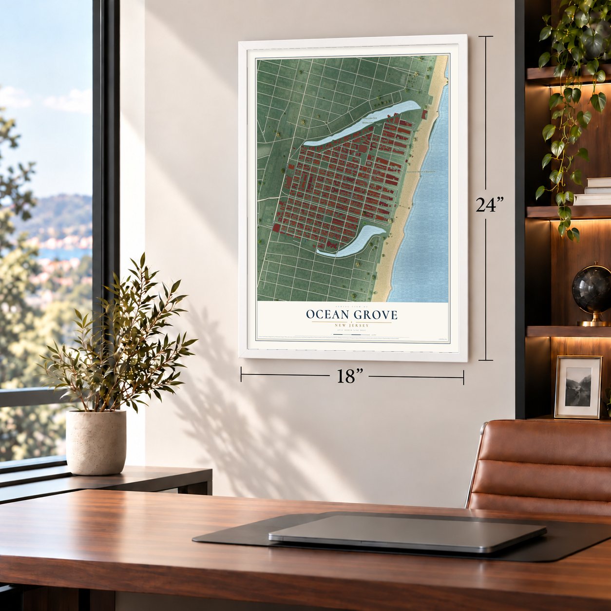 Ocean Grove, New Jersey map, 18 x 24 inch print in a white frame in a home office
