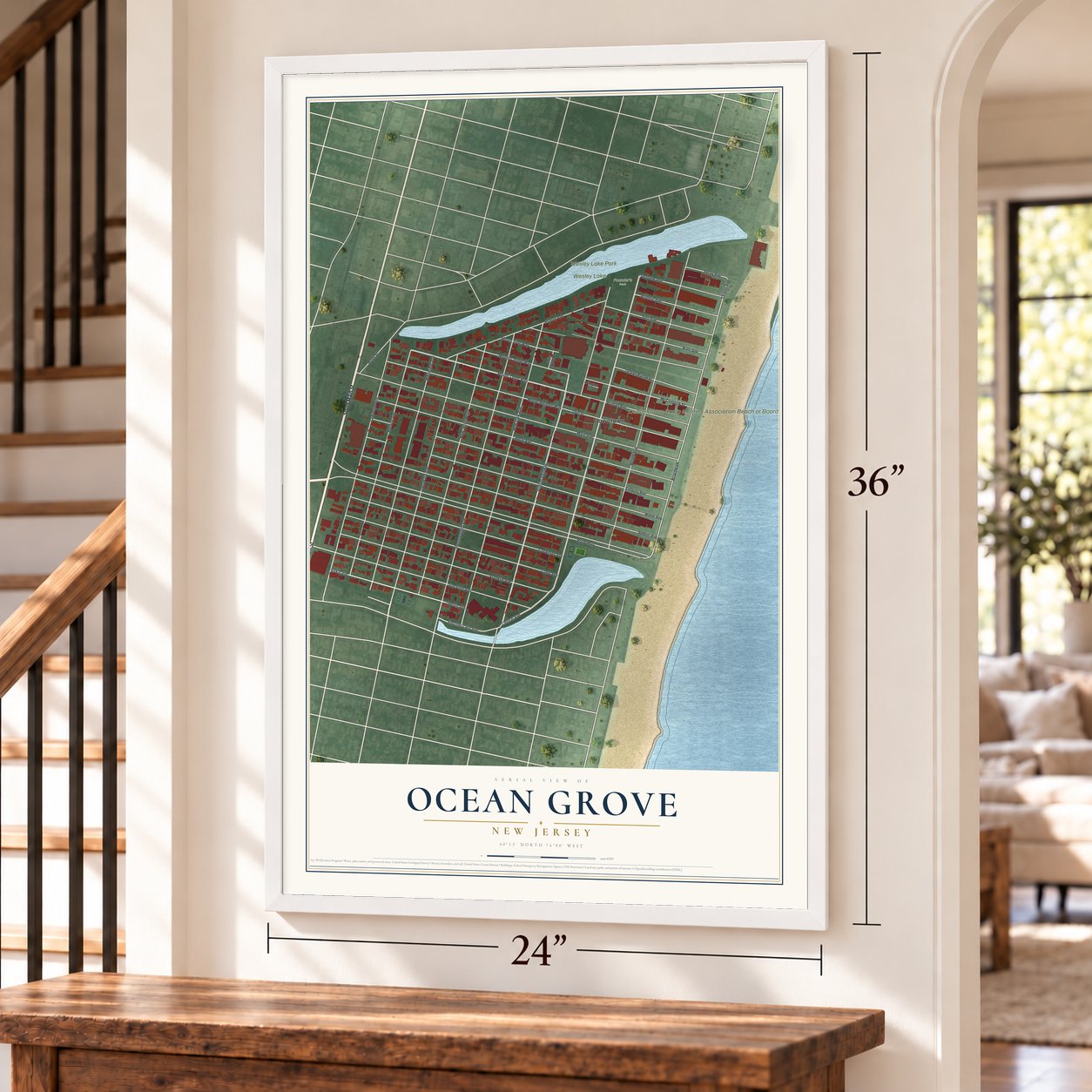 Ocean Grove, New Jersey map, 24 x 36 inch print in a white frame by a staircase