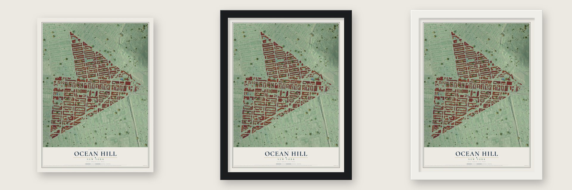 Ocean Hill, New York map unframed, in a black wood frame and in a white wood frame