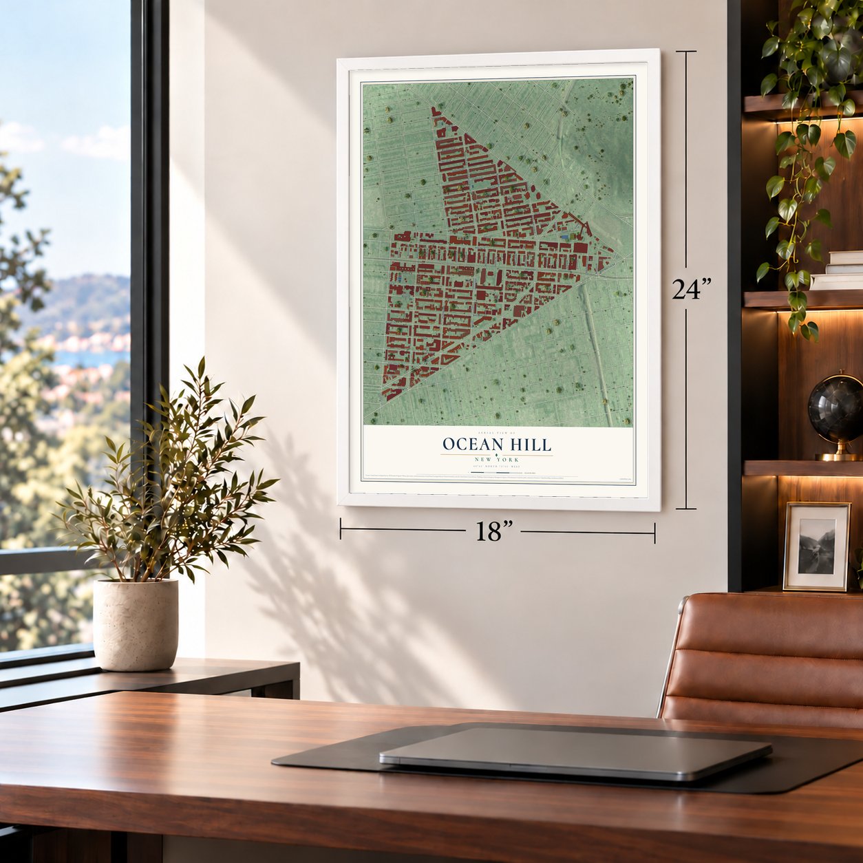 Ocean Hill, New York map, 18 x 24 inch print in a white frame in a home office