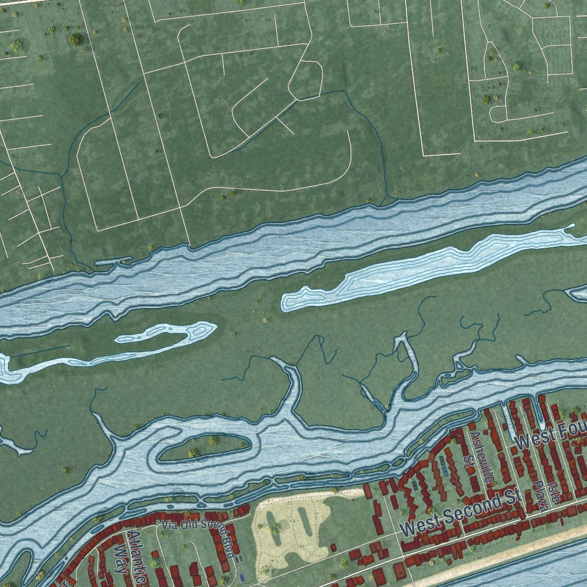 Second close-up of the map of Ocean Isle Beach, North Carolina print showing more streets and buildings