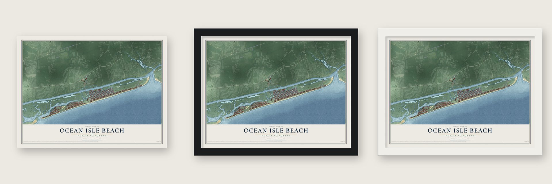 Ocean Isle Beach, North Carolina map unframed, in a black wood frame and in a white wood frame