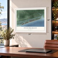 Ocean Isle Beach, North Carolina map, 18 x 24 inch print in a white frame in a home office