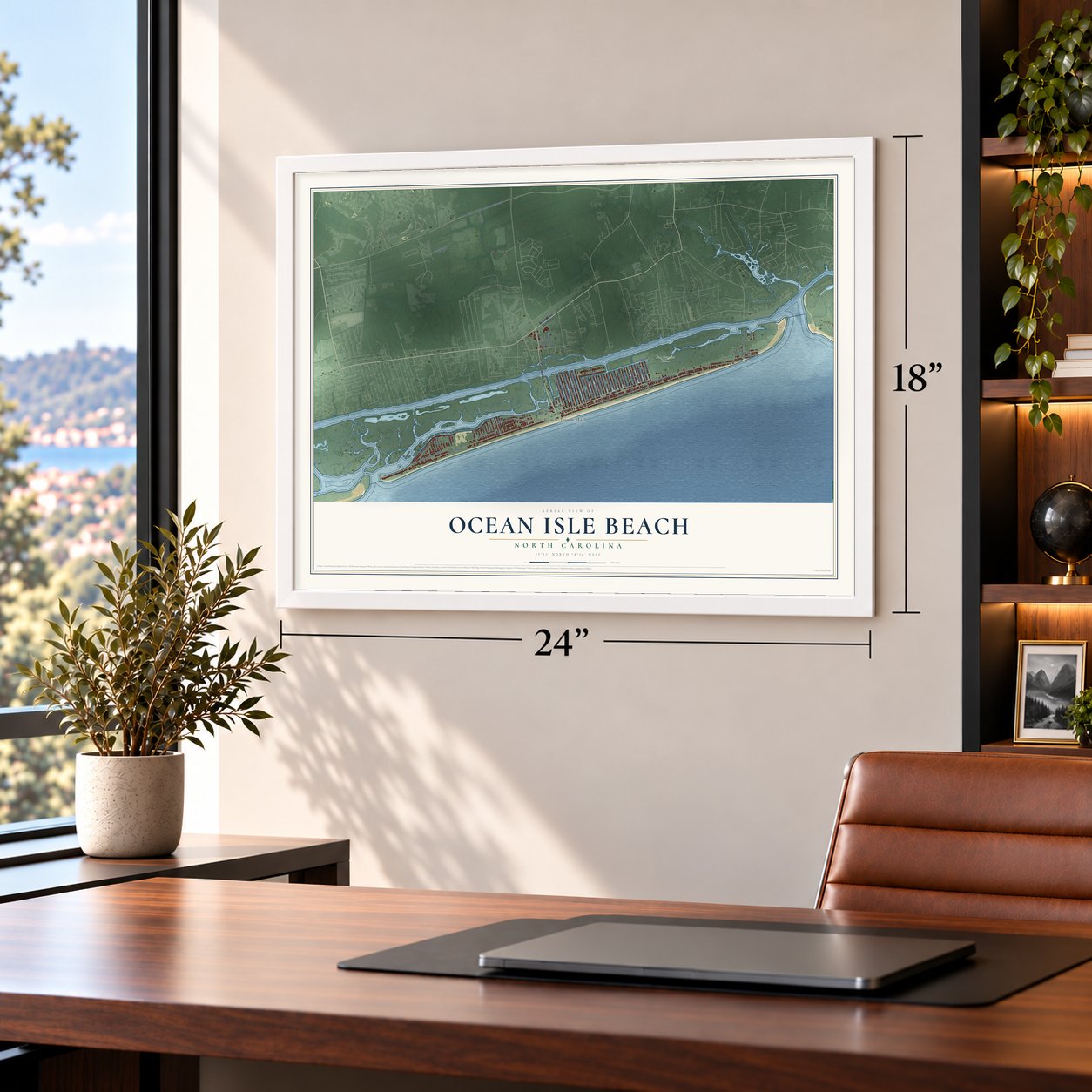 Ocean Isle Beach, North Carolina map, 18 x 24 inch print in a white frame in a home office