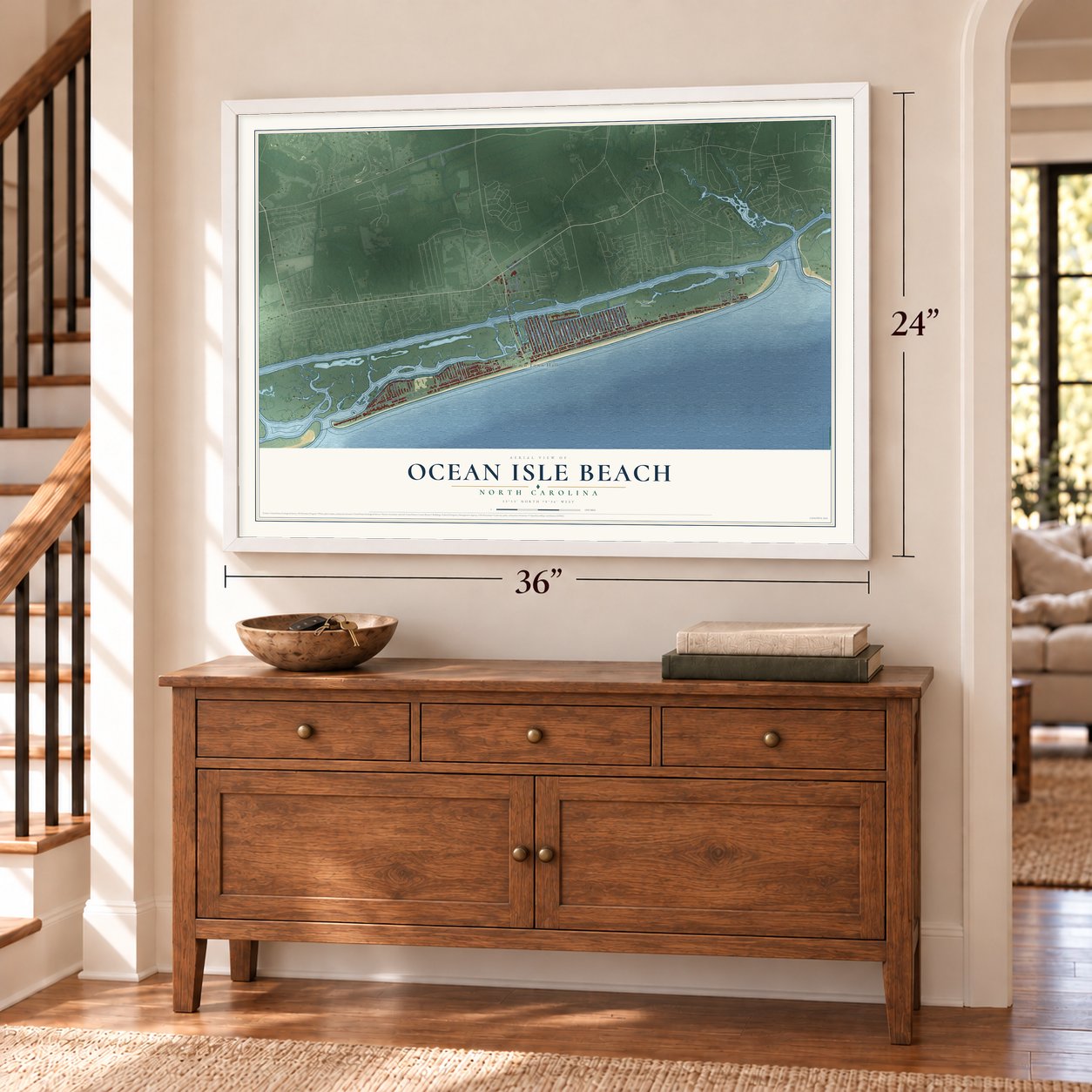 Ocean Isle Beach, North Carolina map, 24 x 36 inch print in a white frame above a dresser by a staircase