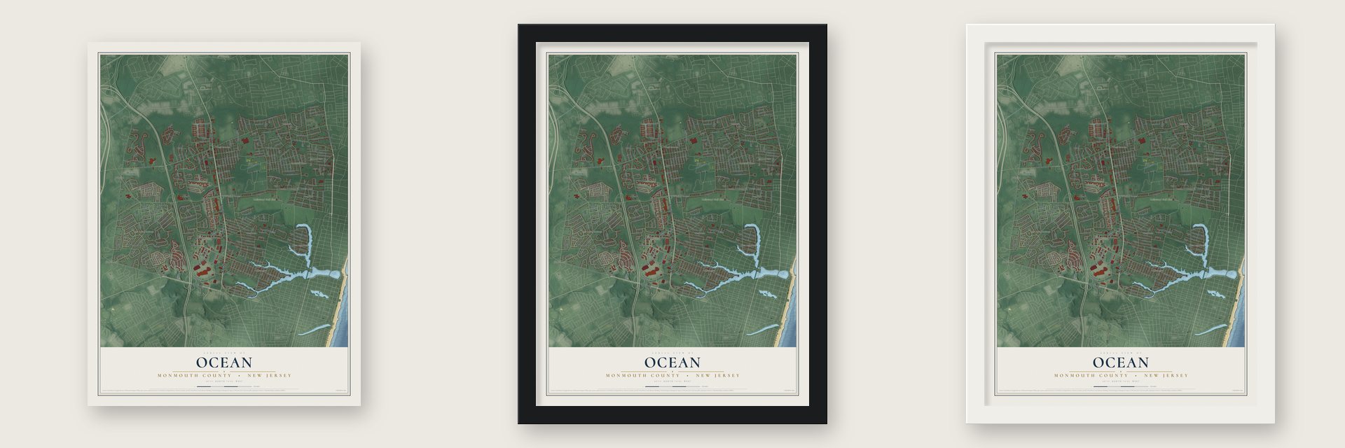 Ocean, Monmouth County, New Jersey map unframed, in a black wood frame and in a white wood frame