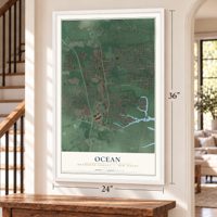 Ocean, Monmouth County, New Jersey map, 24 x 36 inch print in a white frame by a staircase
