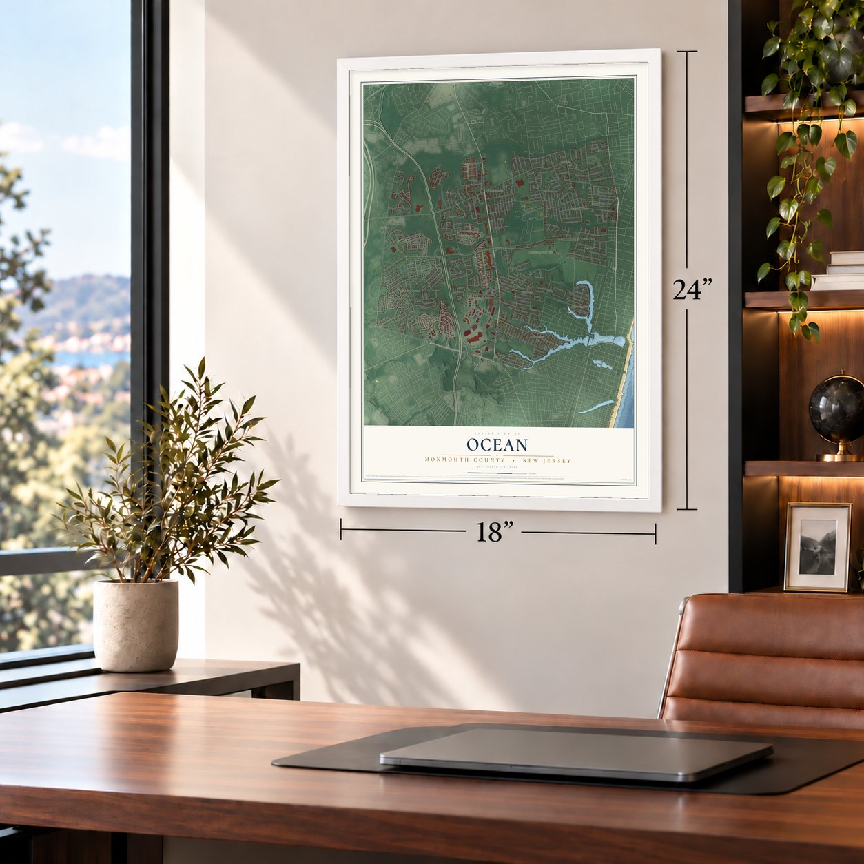 Ocean, Monmouth County, New Jersey map, 18 x 24 inch print in a white frame in a home office