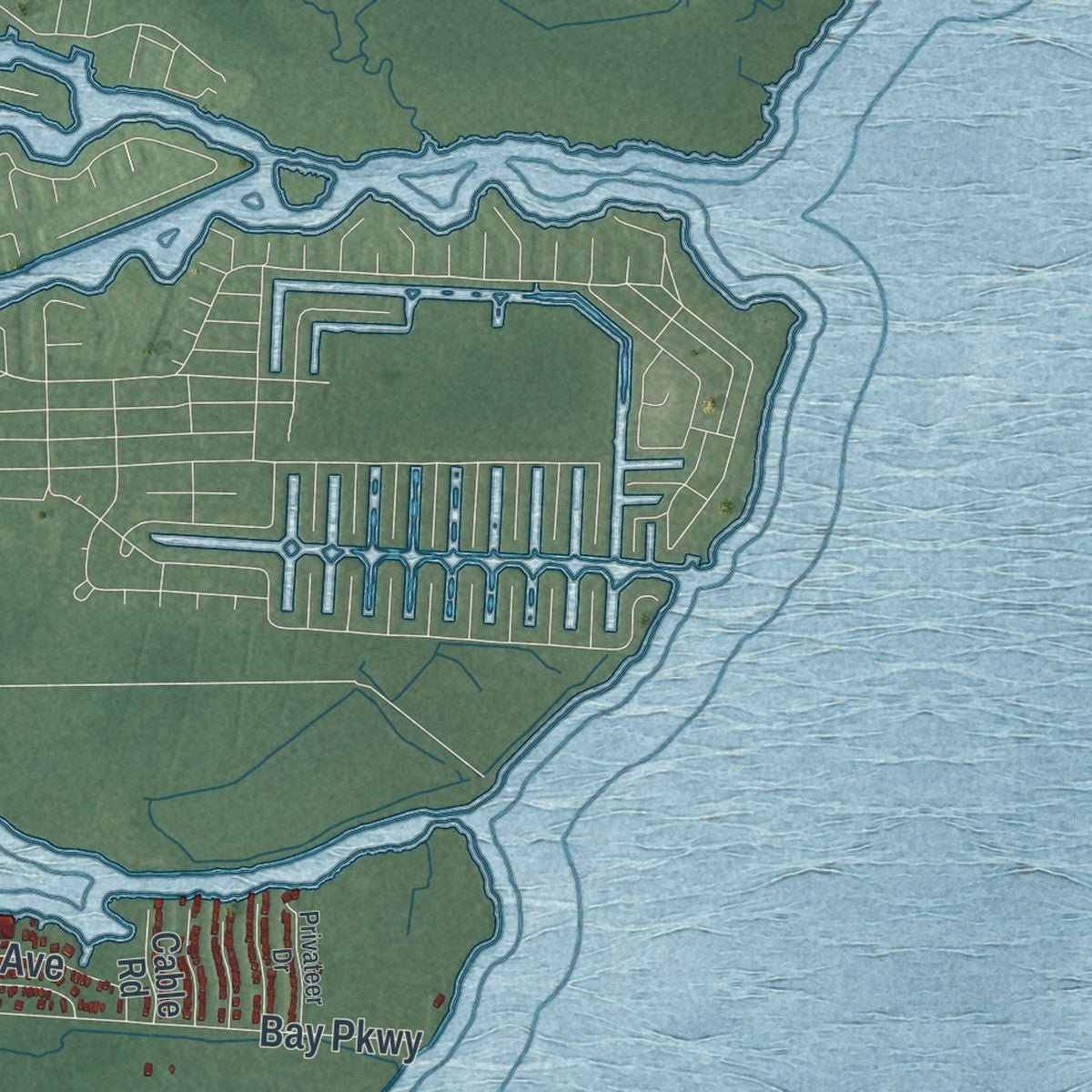 Second close-up of the map of Ocean, Ocean County, New Jersey print showing more streets and buildings