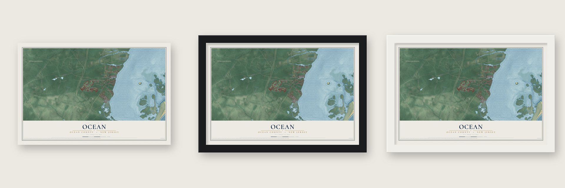 Ocean, Ocean County, New Jersey map unframed, in a black wood frame and in a white wood frame