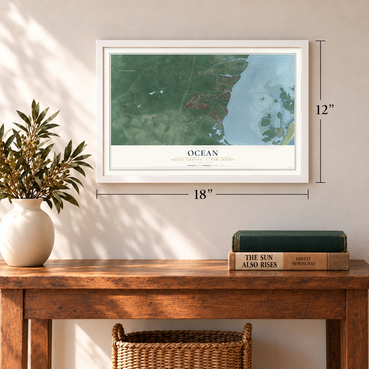 Ocean, Ocean County, New Jersey map, 12 x 18 inch print in a white frame in an entryway