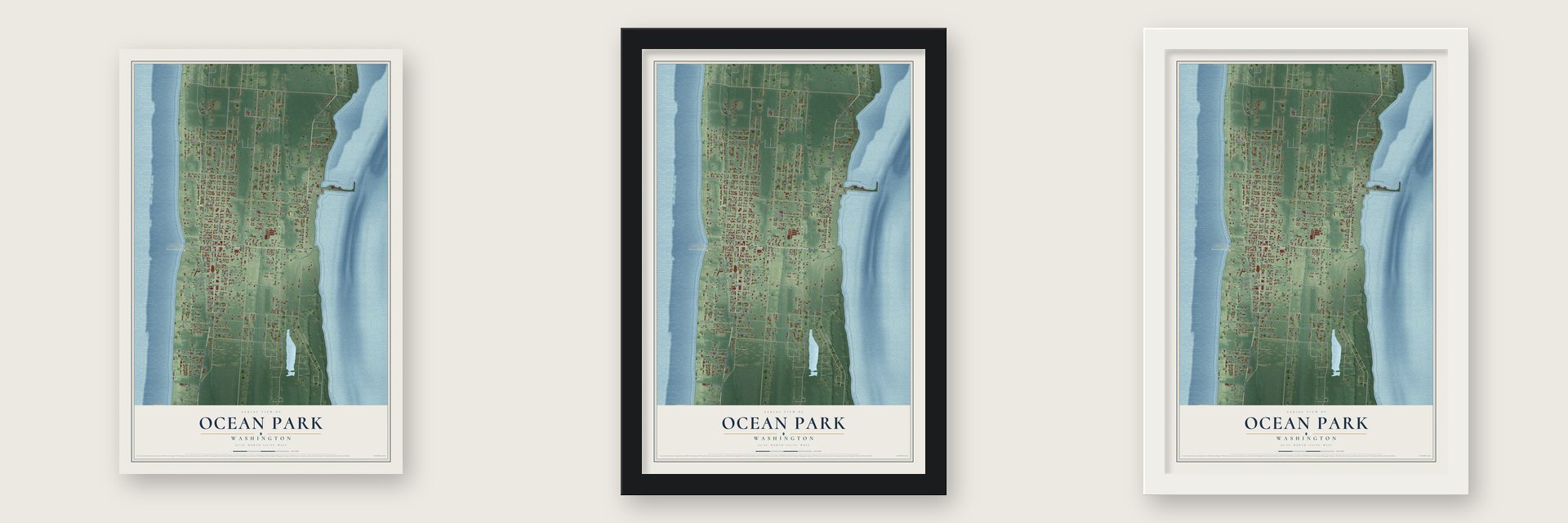 Ocean Park, Washington map unframed, in a black wood frame and in a white wood frame