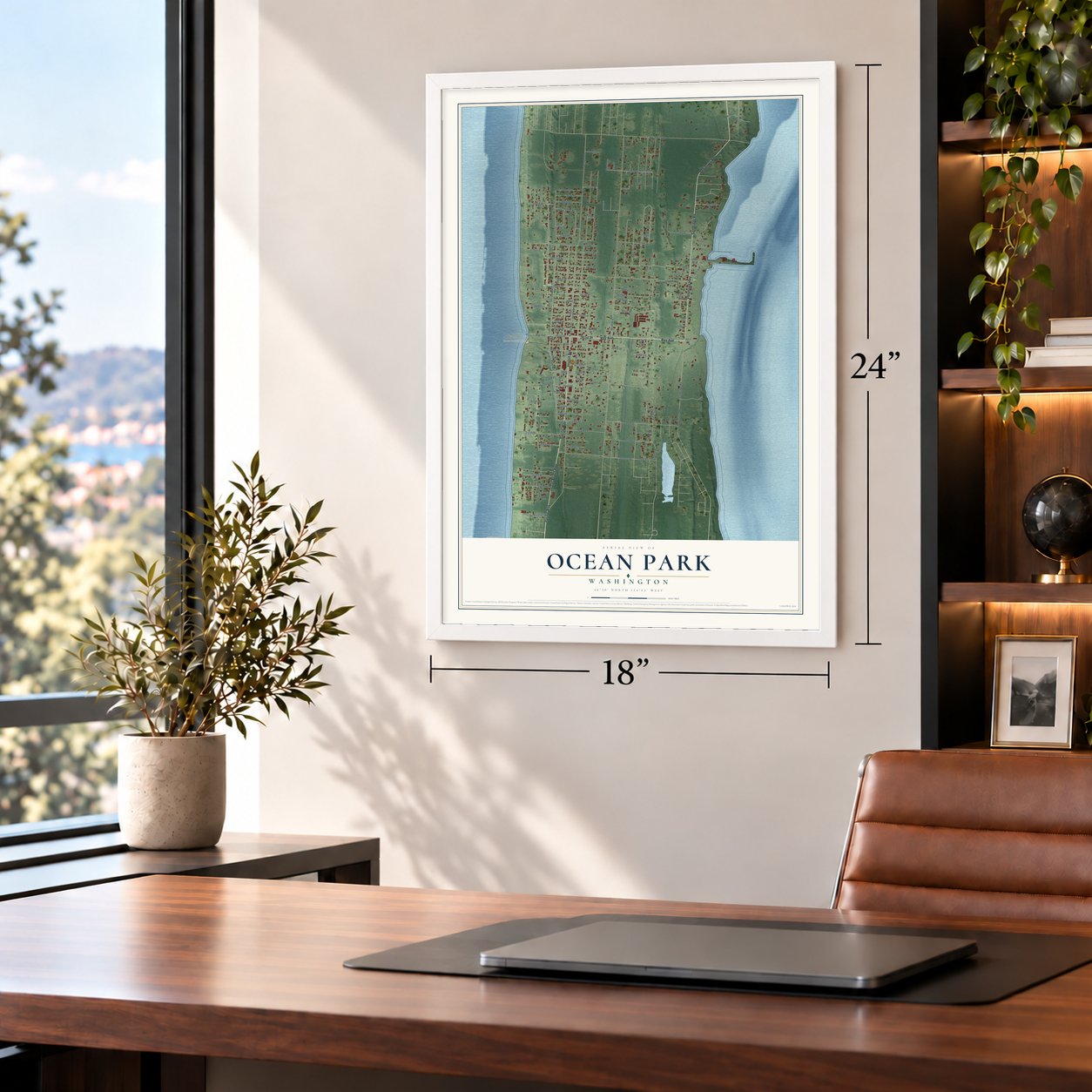 Ocean Park, Washington map, 18 x 24 inch print in a white frame in a home office