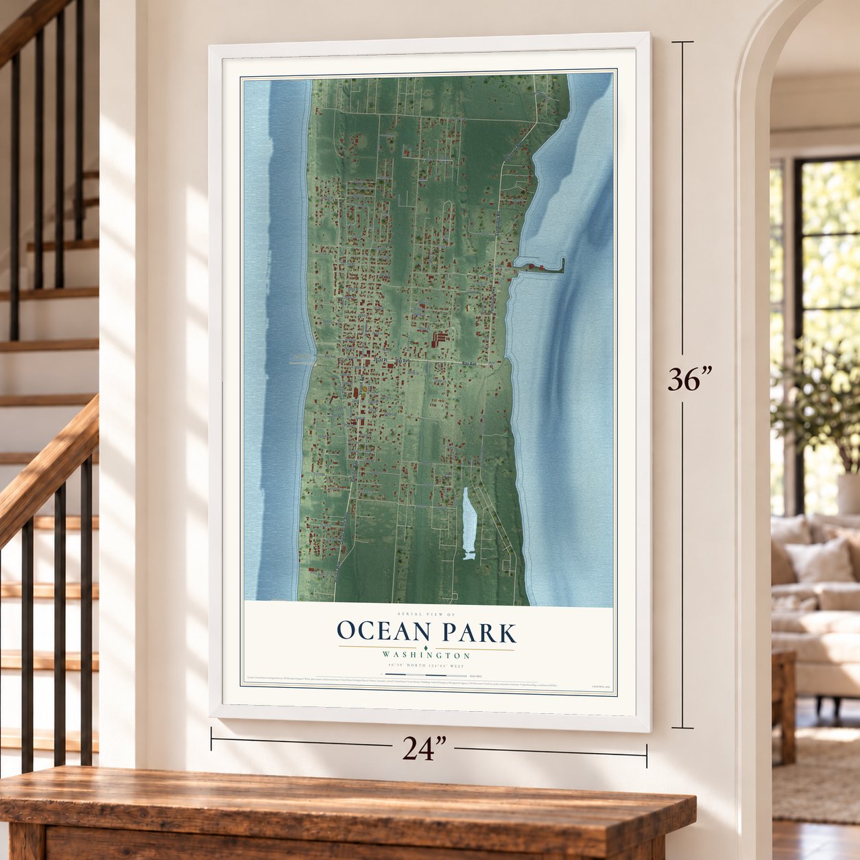 Ocean Park, Washington map, 24 x 36 inch print in a white frame by a staircase