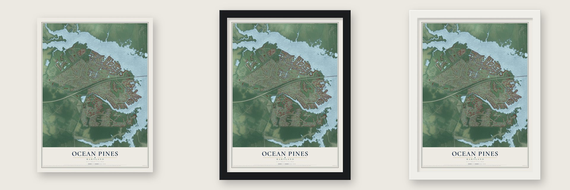 Ocean Pines, Maryland map unframed, in a black wood frame and in a white wood frame