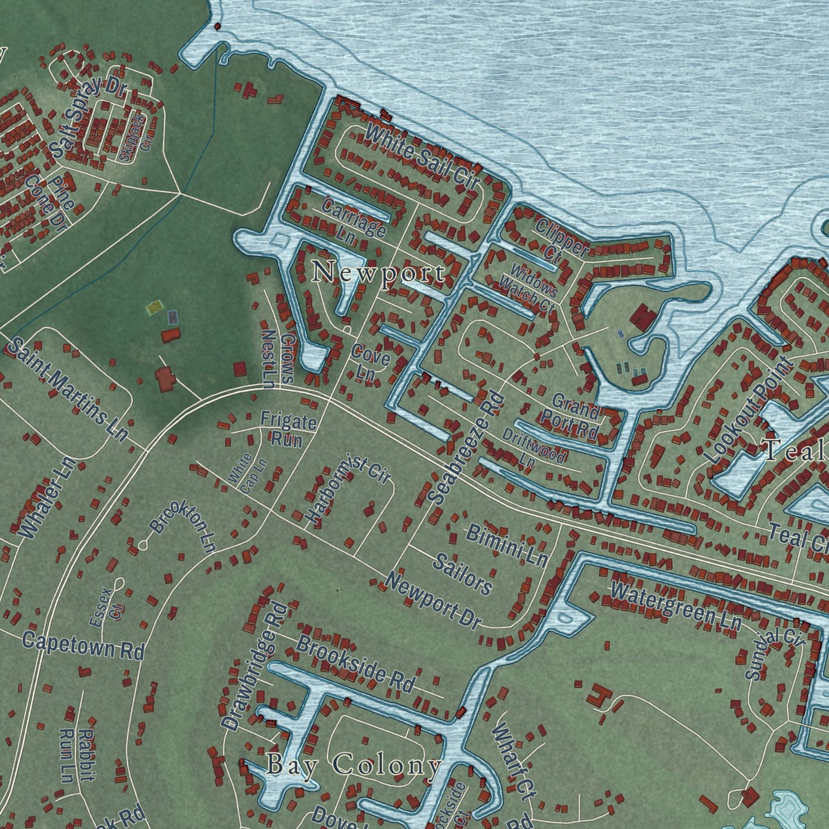 Second close-up of the map of Ocean Pines, Maryland print showing more streets and buildings