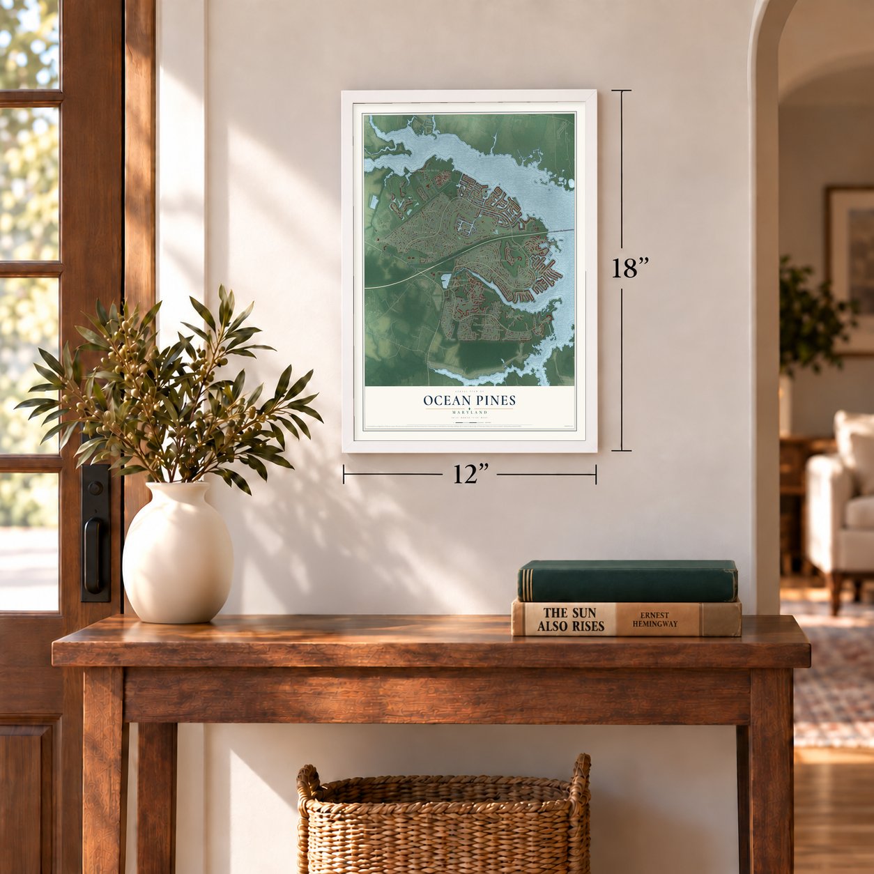 Ocean Pines, Maryland map, 12 x 18 inch print in a white frame in an entryway