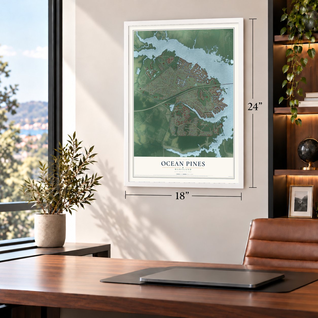 Ocean Pines, Maryland map, 18 x 24 inch print in a white frame in a home office