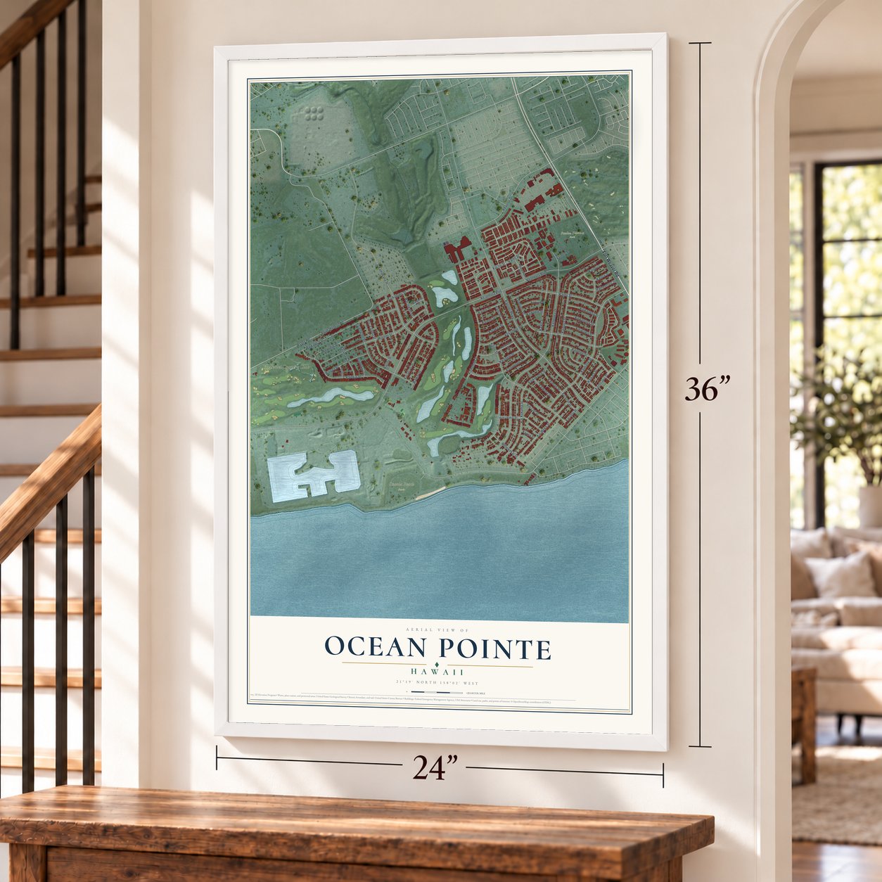 Ocean Pointe, Hawaii map, 24 x 36 inch print in a white frame by a staircase