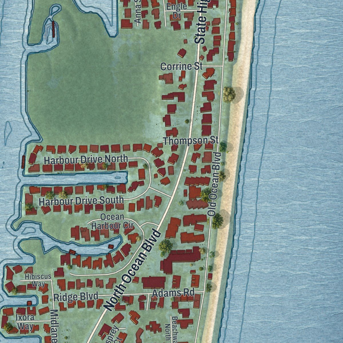 Second close-up of the map of Ocean Ridge, Florida print showing more streets and buildings