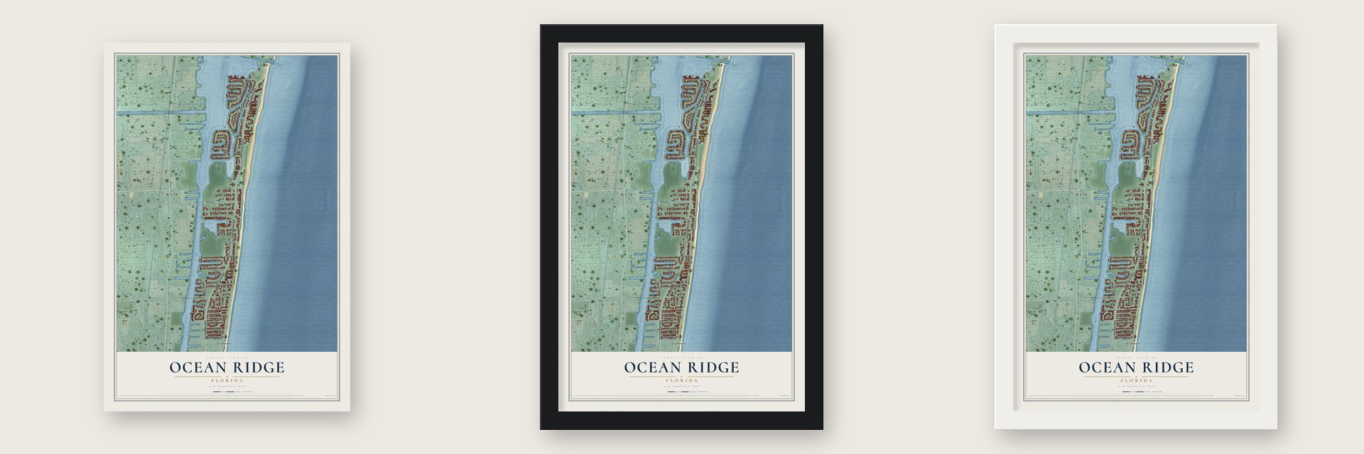 Ocean Ridge, Florida map unframed, in a black wood frame and in a white wood frame
