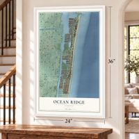 Ocean Ridge, Florida map, 24 x 36 inch print in a white frame by a staircase