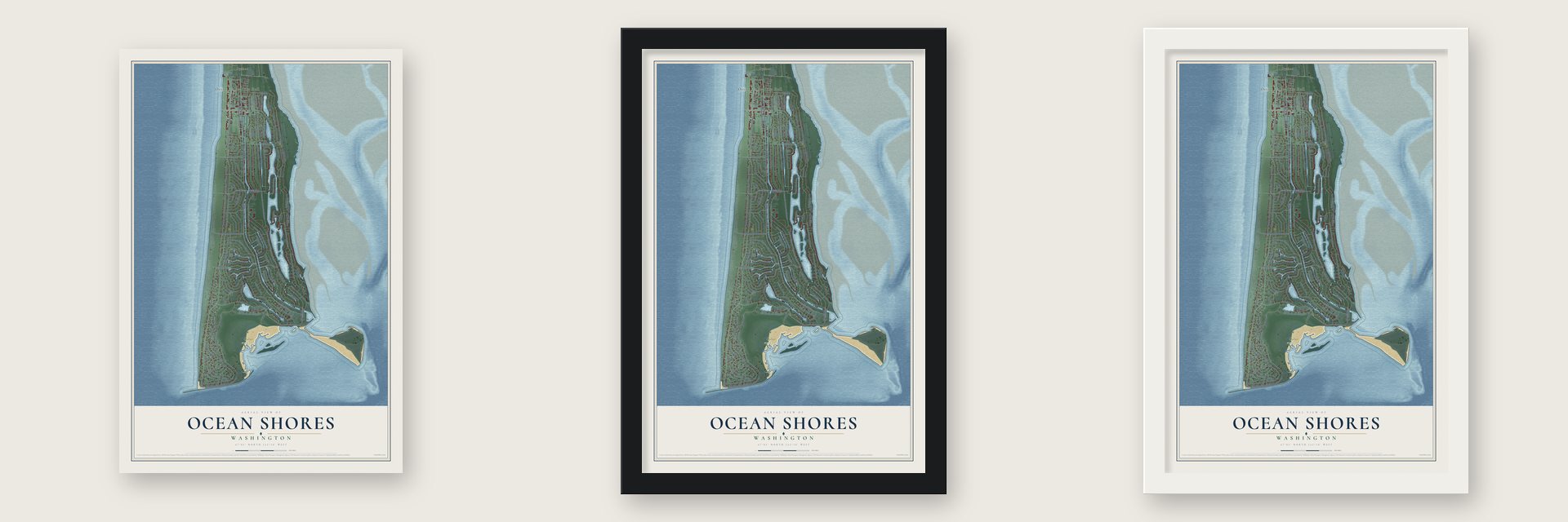 Ocean Shores, Washington map unframed, in a black wood frame and in a white wood frame