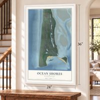 Ocean Shores, Washington map, 24 x 36 inch print in a white frame by a staircase