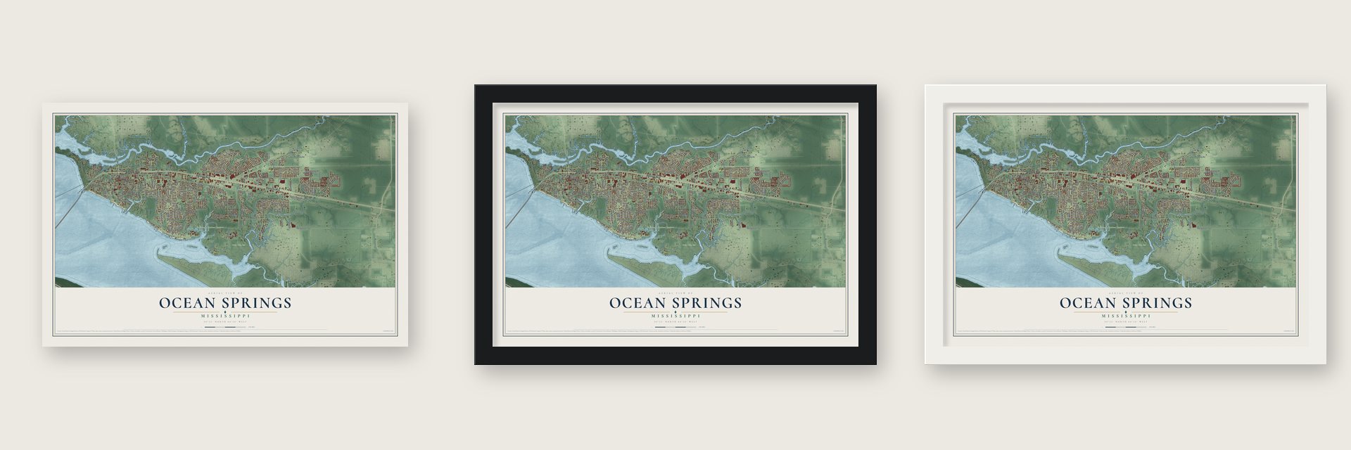 Ocean Springs, Mississippi map unframed, in a black wood frame and in a white wood frame