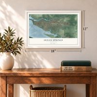 Ocean Springs, Mississippi map, 12 x 18 inch print in a white frame in an entryway
