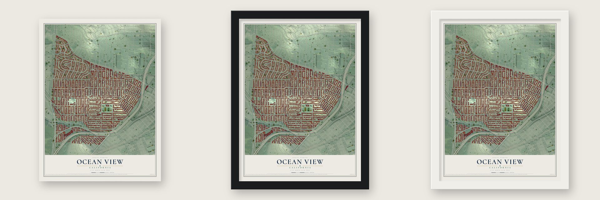 Ocean View, California map unframed, in a black wood frame and in a white wood frame
