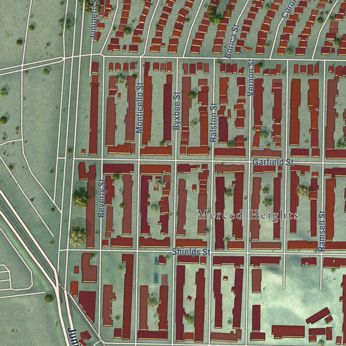 Second close-up of the map of Ocean View, California print showing more streets and buildings