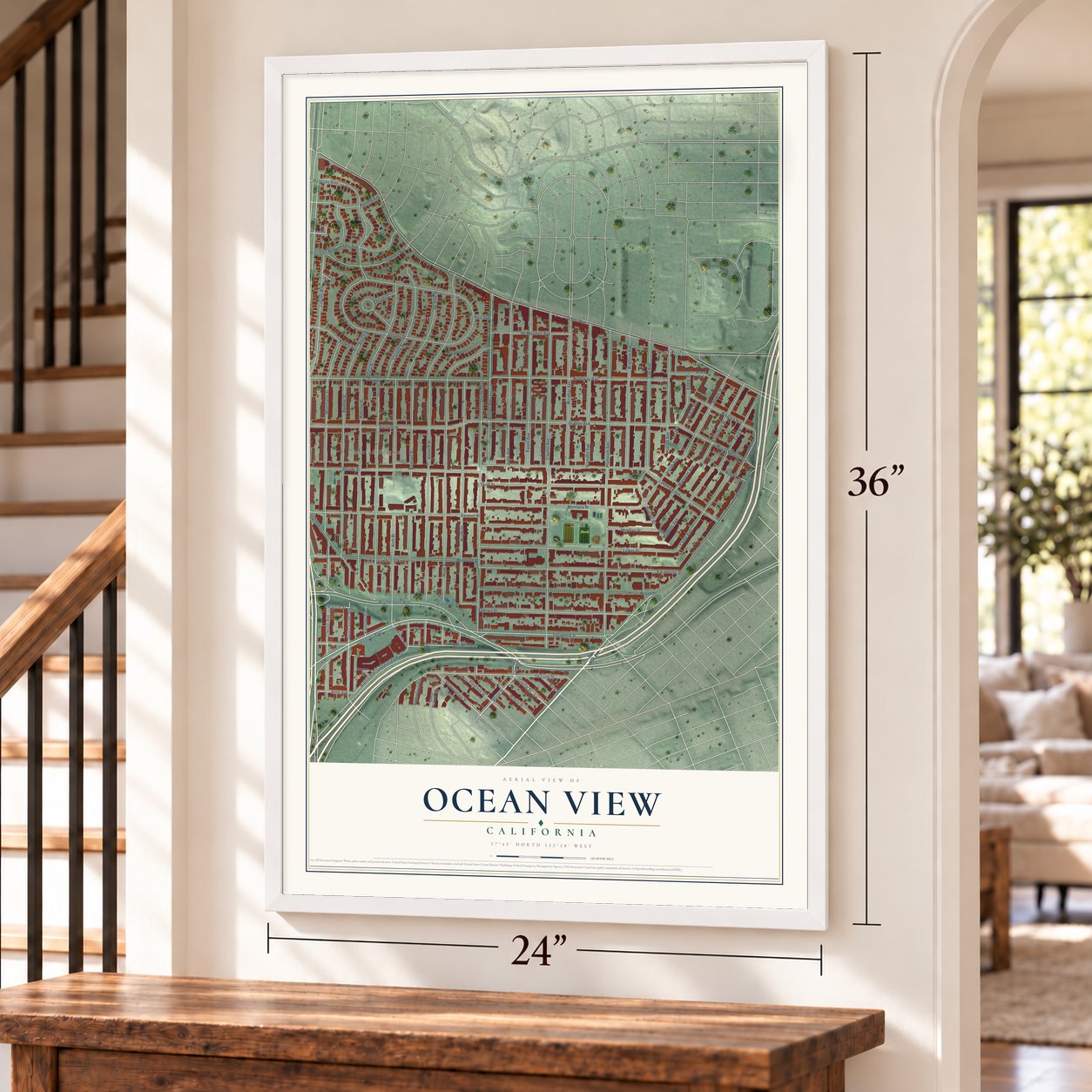 Ocean View, California map, 24 x 36 inch print in a white frame by a staircase