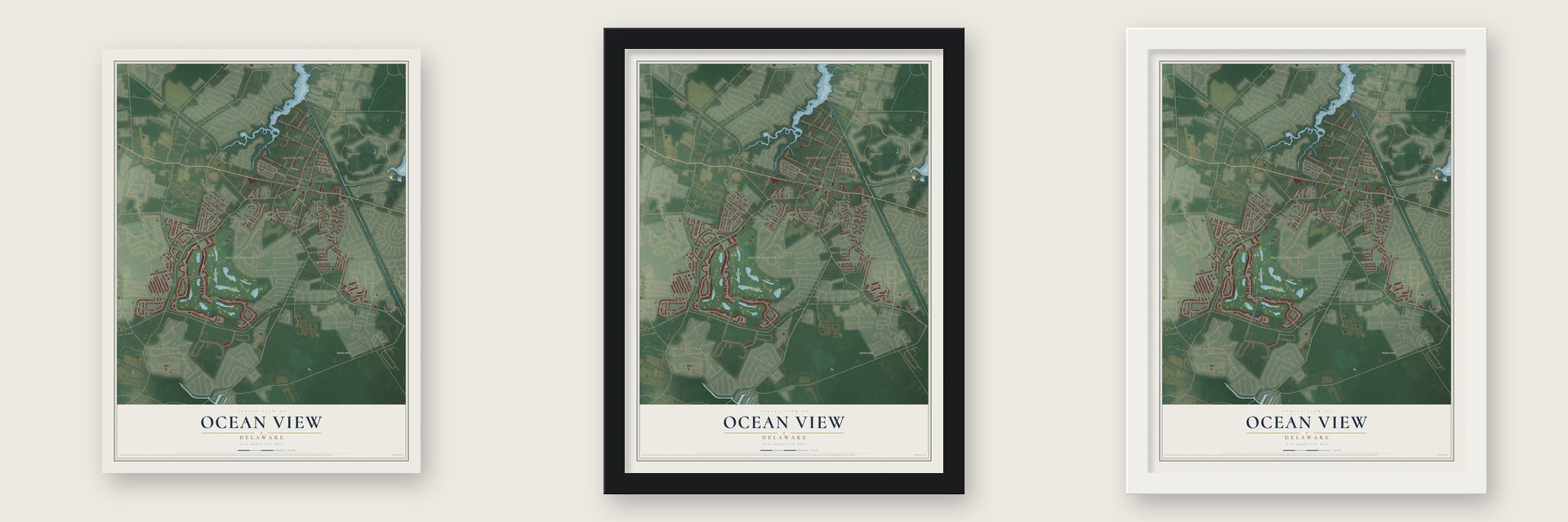 Ocean View, Delaware map unframed, in a black wood frame and in a white wood frame