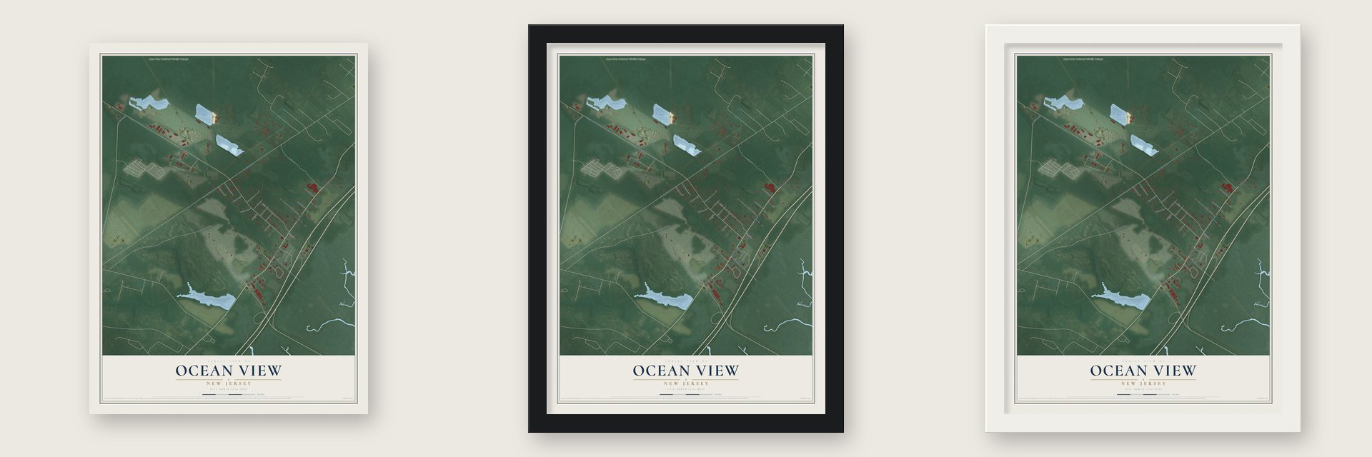 Ocean View, New Jersey map unframed, in a black wood frame and in a white wood frame