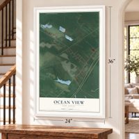Ocean View, New Jersey map, 24 x 36 inch print in a white frame by a staircase