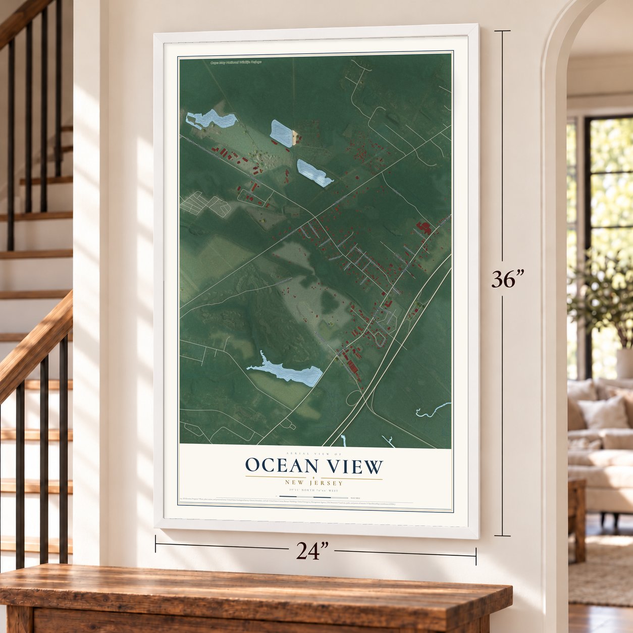 Ocean View, New Jersey map, 24 x 36 inch print in a white frame by a staircase