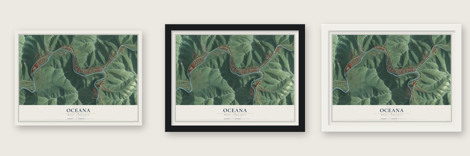 Oceana, West Virginia map unframed, in a black wood frame and in a white wood frame