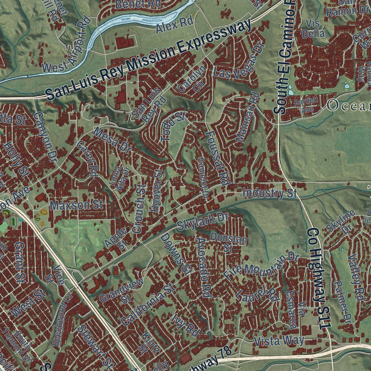 Second close-up of the map of Oceanside, California print showing more streets and buildings