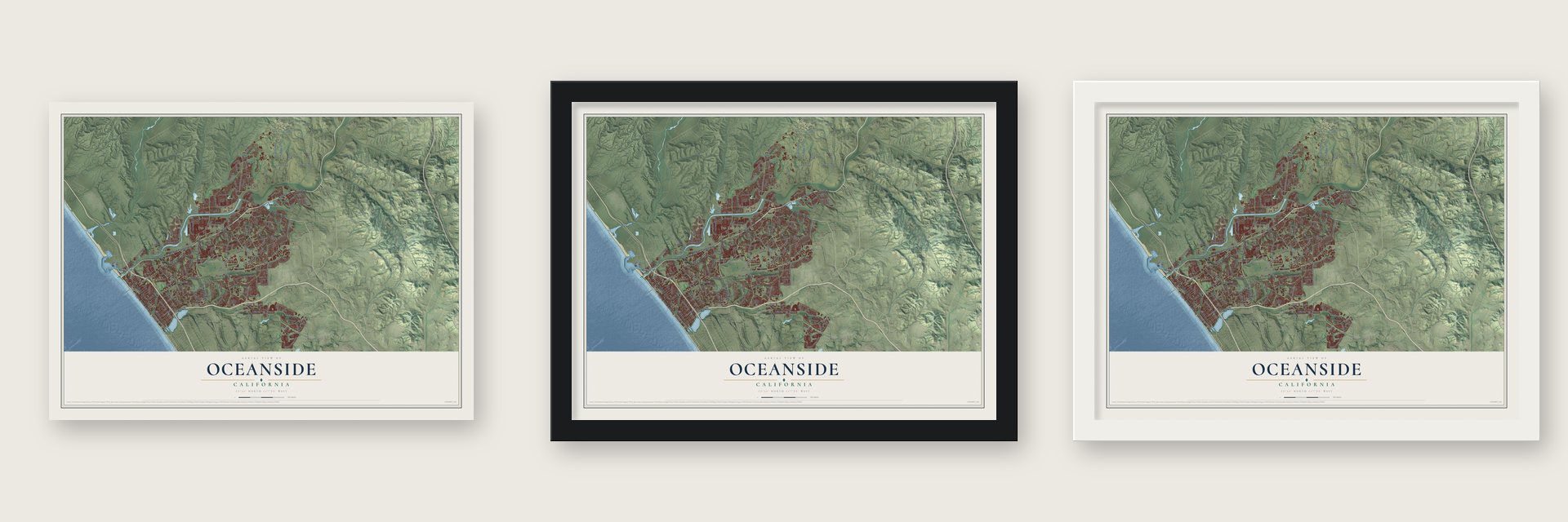 Oceanside, California map unframed, in a black wood frame and in a white wood frame
