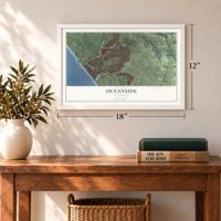 Oceanside, California map, 12 x 18 inch print in a white frame in an entryway