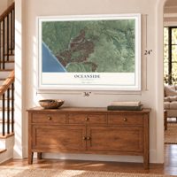 Oceanside, California map, 24 x 36 inch print in a white frame above a dresser by a staircase
