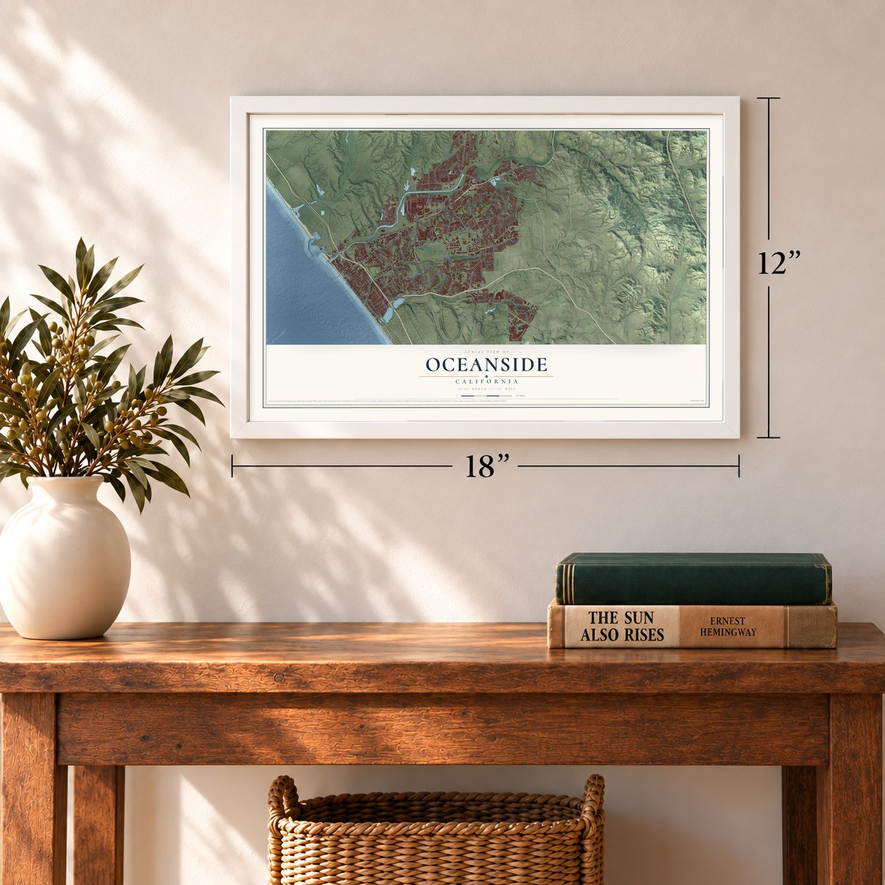 Oceanside, California map, 12 x 18 inch print in a white frame in an entryway