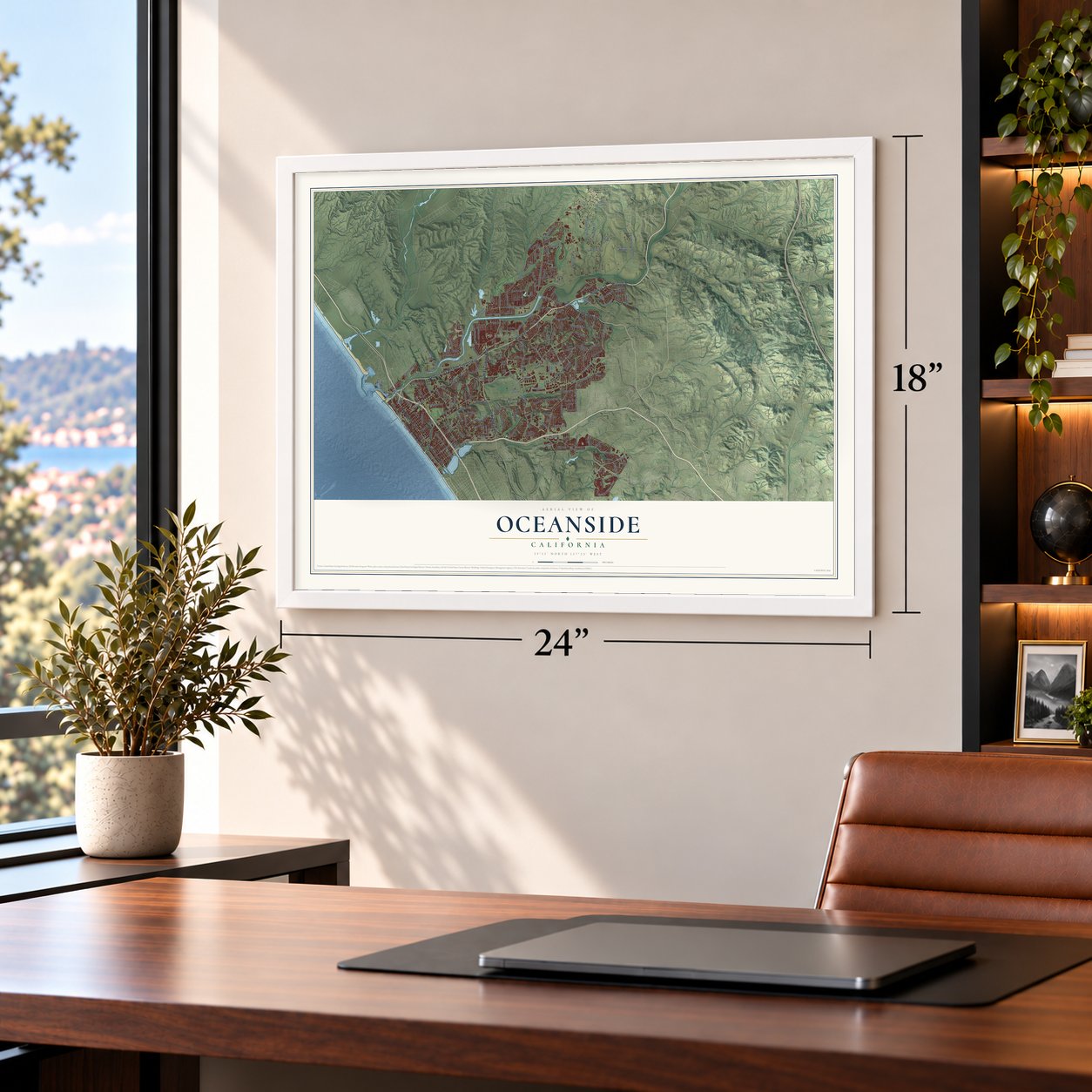 Oceanside, California map, 18 x 24 inch print in a white frame in a home office