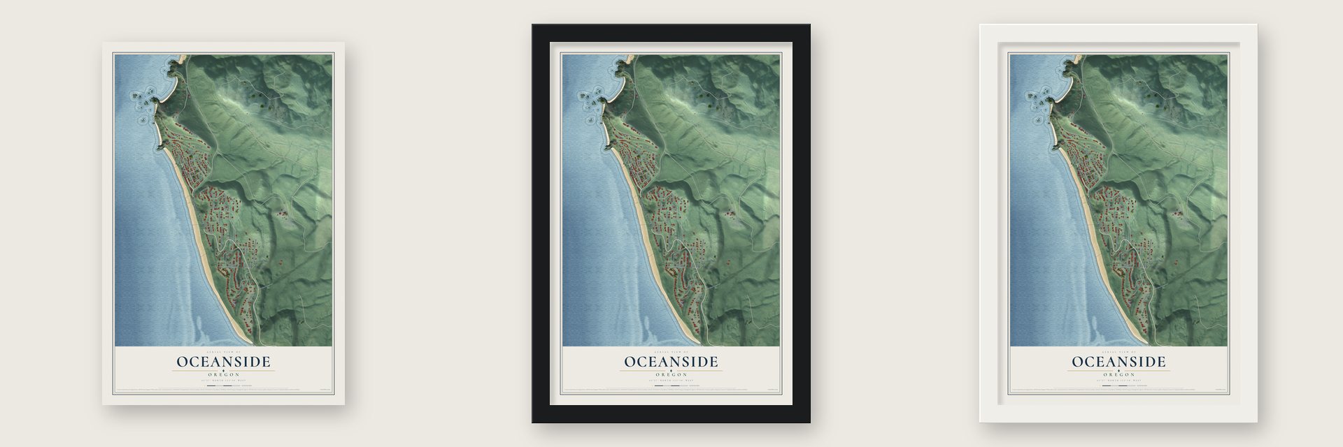 Oceanside, Oregon map unframed, in a black wood frame and in a white wood frame