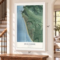 Oceanside, Oregon map, 24 x 36 inch print in a white frame by a staircase
