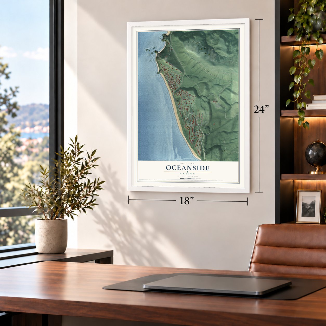 Oceanside, Oregon map, 18 x 24 inch print in a white frame in a home office