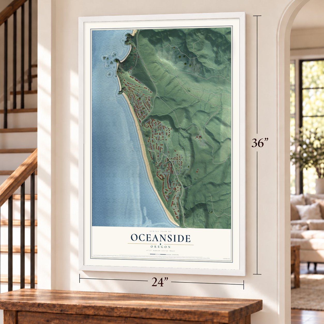 Oceanside, Oregon map, 24 x 36 inch print in a white frame by a staircase