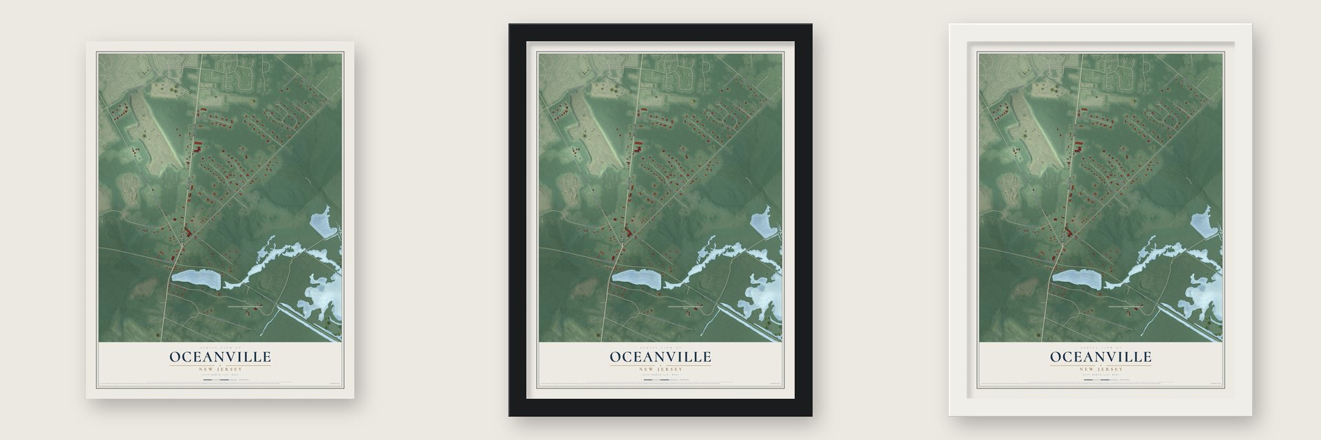 Oceanville, New Jersey map unframed, in a black wood frame and in a white wood frame